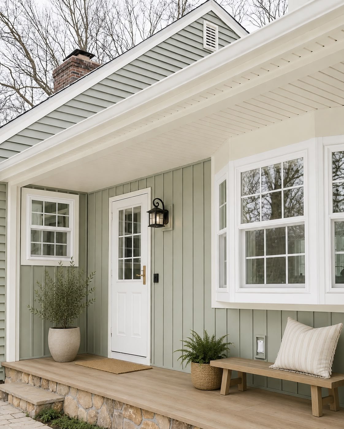 Sage green Midlothian, Texas cottage porch with white double hung and bay replacement windows