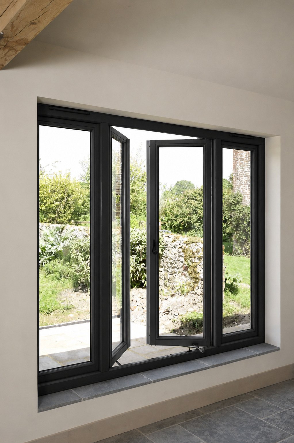 Casement replacement window with black frame and unobstructed views of a Texas landscape