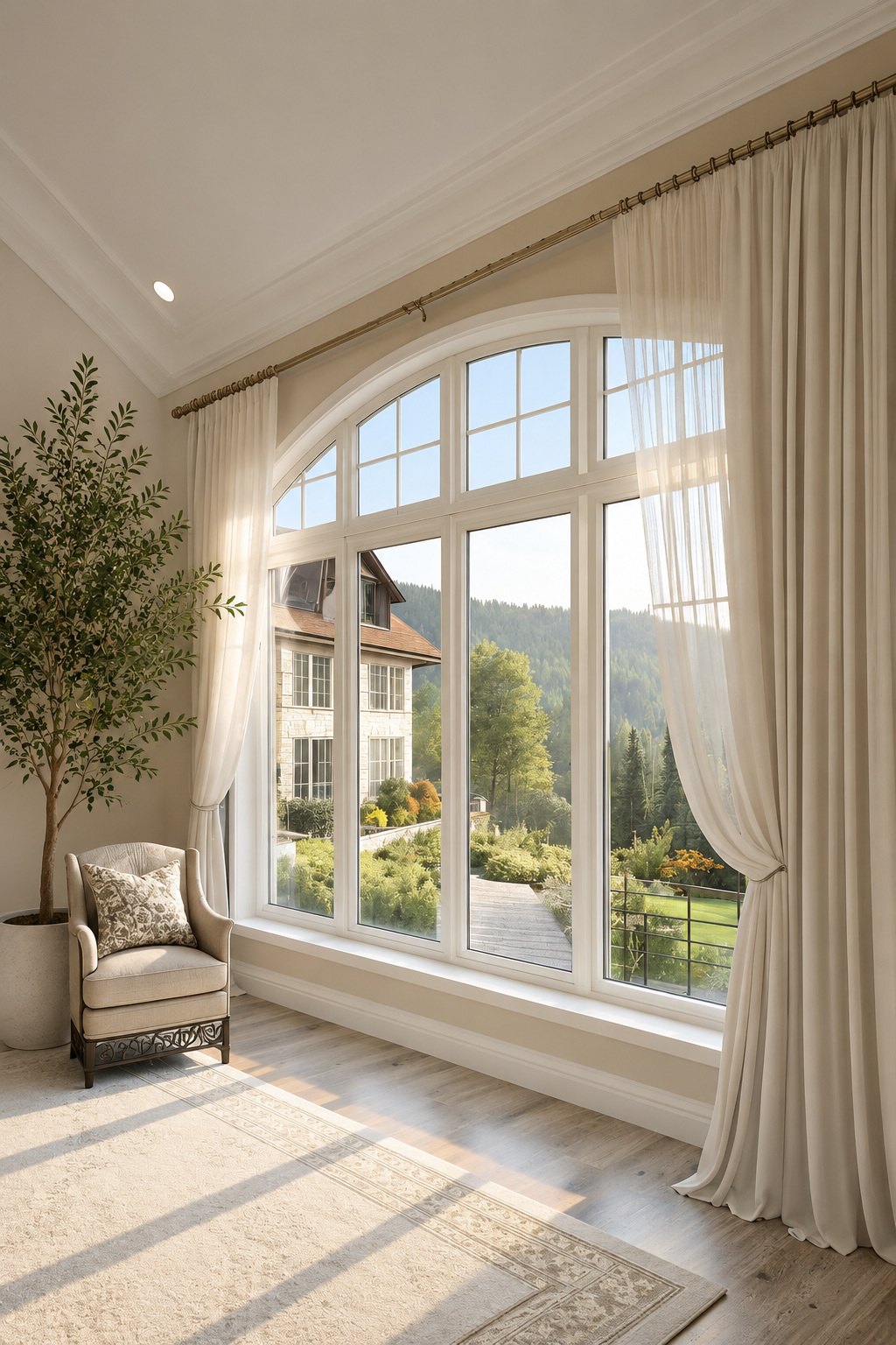 Custom-shaped specialty replacement window with premium architectural detailing in a Dallas–Fort Worth home